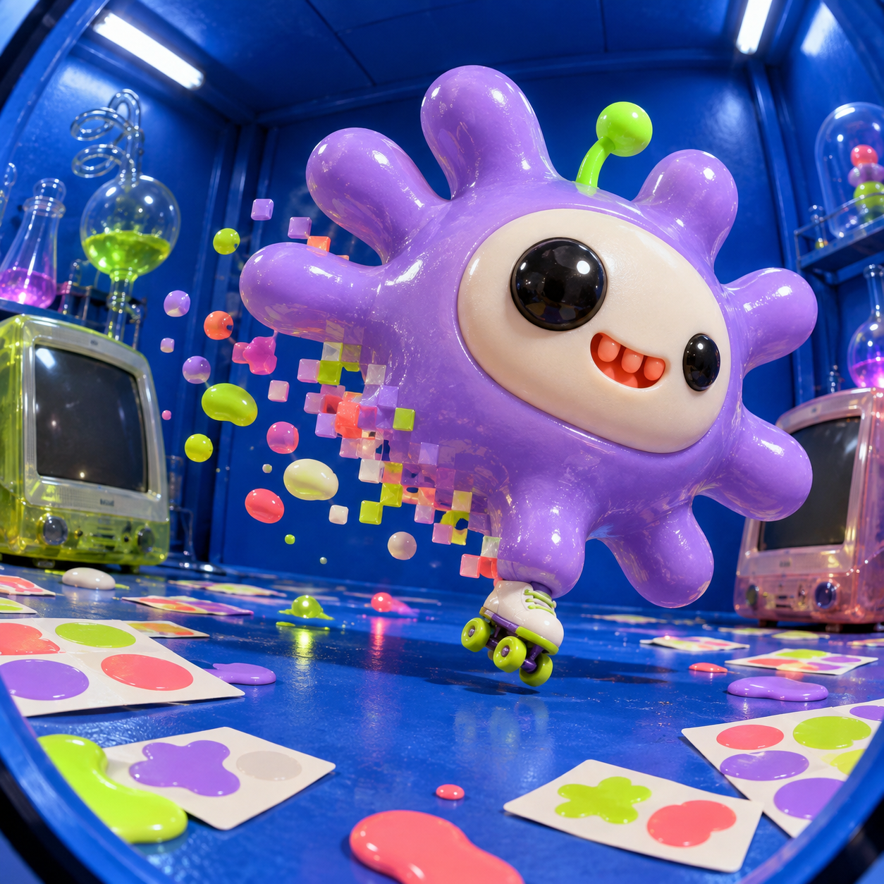 SLOPNU emerging from a playful blue error laboratory